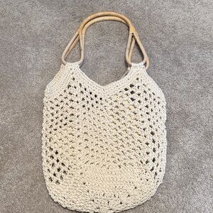 Anthropologie Cream Crochet Tote with Wooden Handles